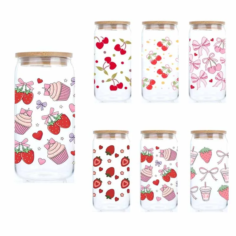 

Cute Bow Glass Cup Strawberry Cherry Graffiti Pattern Flower Water Bottle Coffee Cups With Lids Water Bottl Party Gift