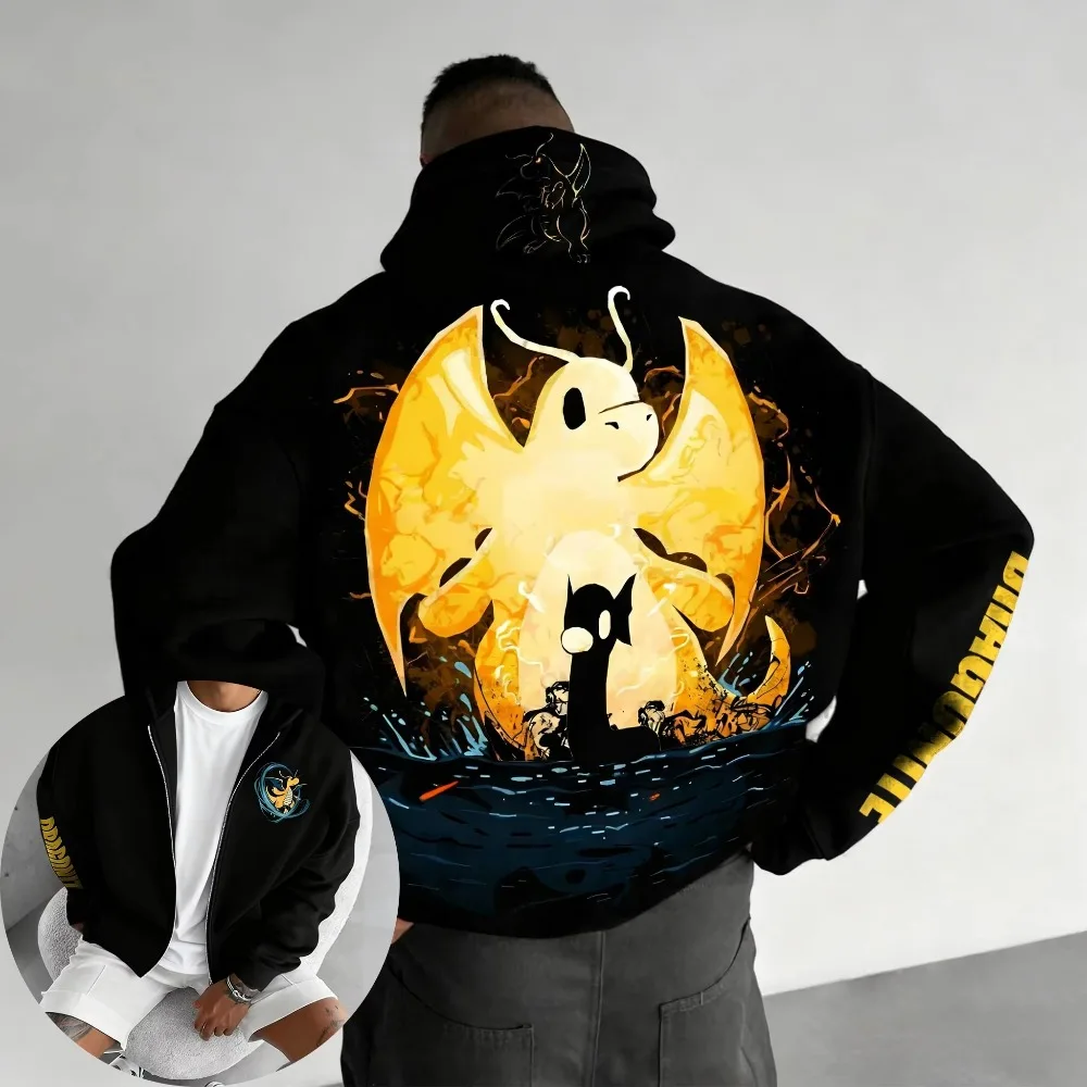 メンズ新しいポケモンゲーム共同ブランドジッパーパーカー秋/冬ユニセックス新しいドラゴニットプリントアメリカンカジュアルルーズセータートップ
