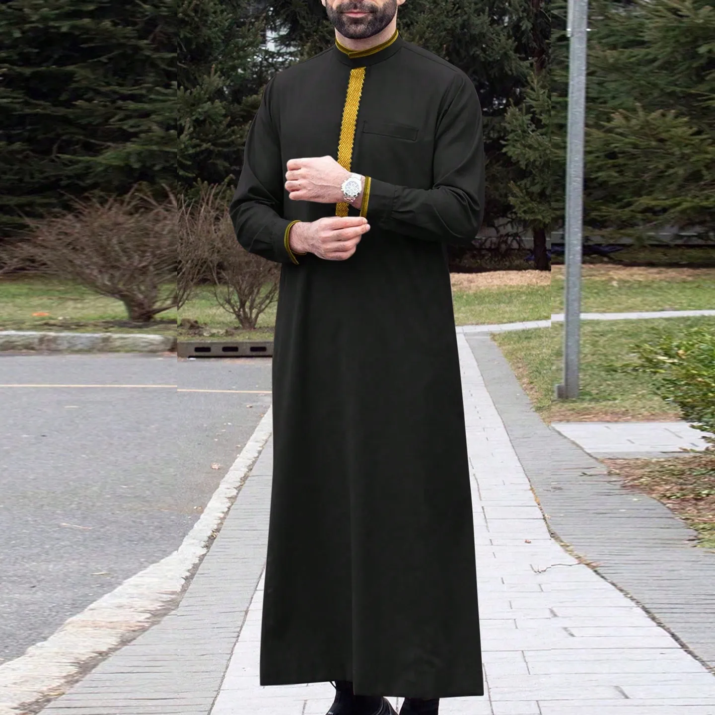 Men's Long Version Shirt Ethnic Minority Clothing Embroidered Loose Performance Robe Stand Collar with Pockets Casual Wear