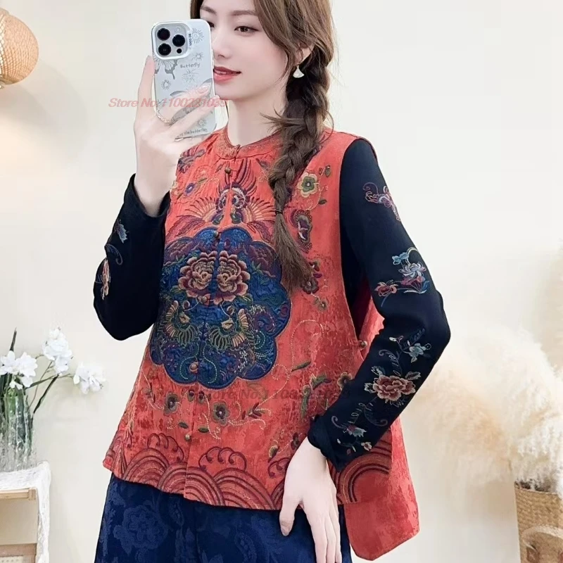 2025 national flower embroidery satin jacquard vintage vest chinese o-neck folk vest oriental hanfu tops retro sleeveless jacket