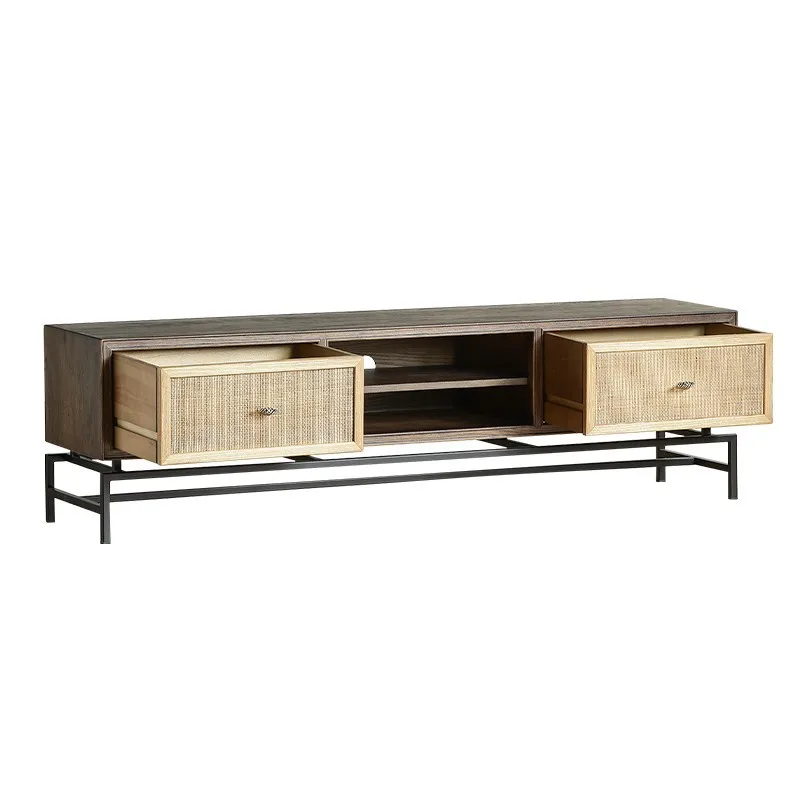 Solid wood TV cabinet, living room audio-visual cabinet, wrought iron retro walnut locker, rattan wall cabinet, storage cabinet