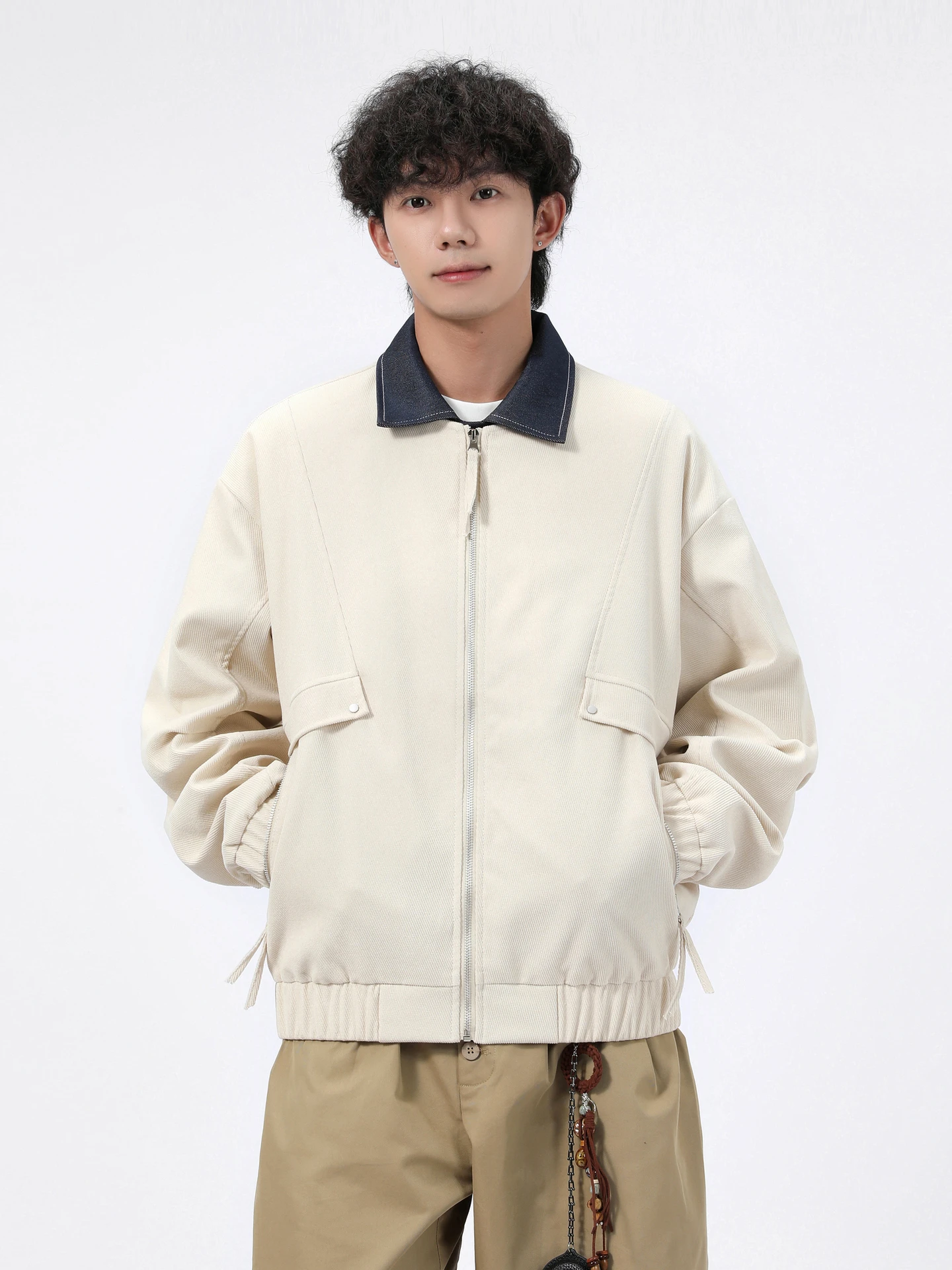 

Retro Contrast Color Splicing Loose Men's Jaet Spring Season Couple Match All-Match Outerwear Turn-down Collar Fake Two-Piece