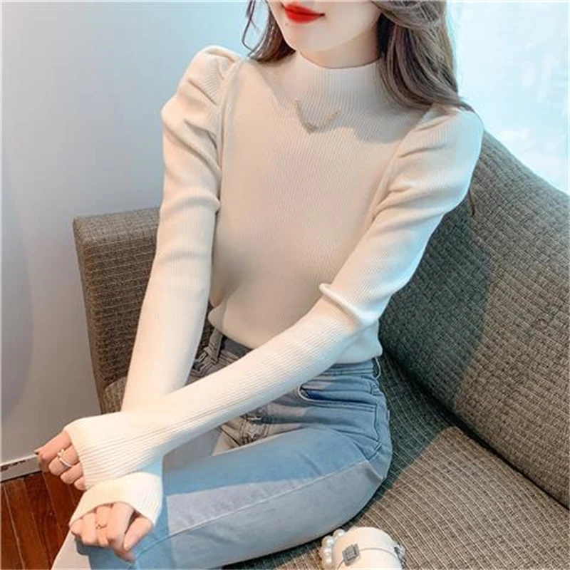 Women Trendy Solid Chain Chic Elegant Basic Knitwear Autumn Winter Half High Collar Slim Long Sleeve Pullover Tops Casual Jumper