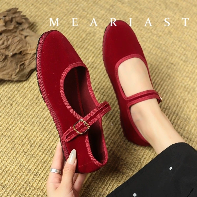 Red Mary Jeans Flats Shoes Women Round Toe Hand Stitch Velvet Cloth Shoes Ladies Casual Soft Comfortable Ballet Shoes Loafers view 5