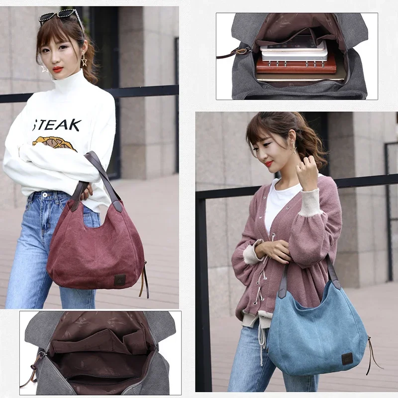 Vintage Canvas Tote Bag for Women Handbag Multiple Compartments Large Capacity Armpit Shoulder Bag Ladies Hand Bags Clutch Purse