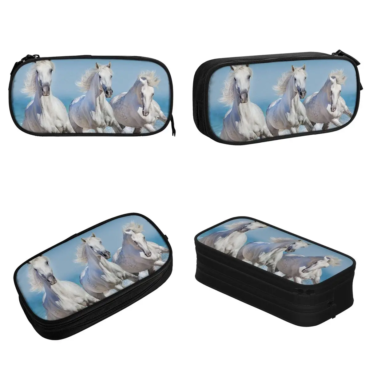 Beautiful White Horse Pencil Case Cute Galloping Animal Lovers Pen Box Bags Student Big Capacity Students School Pencilcases