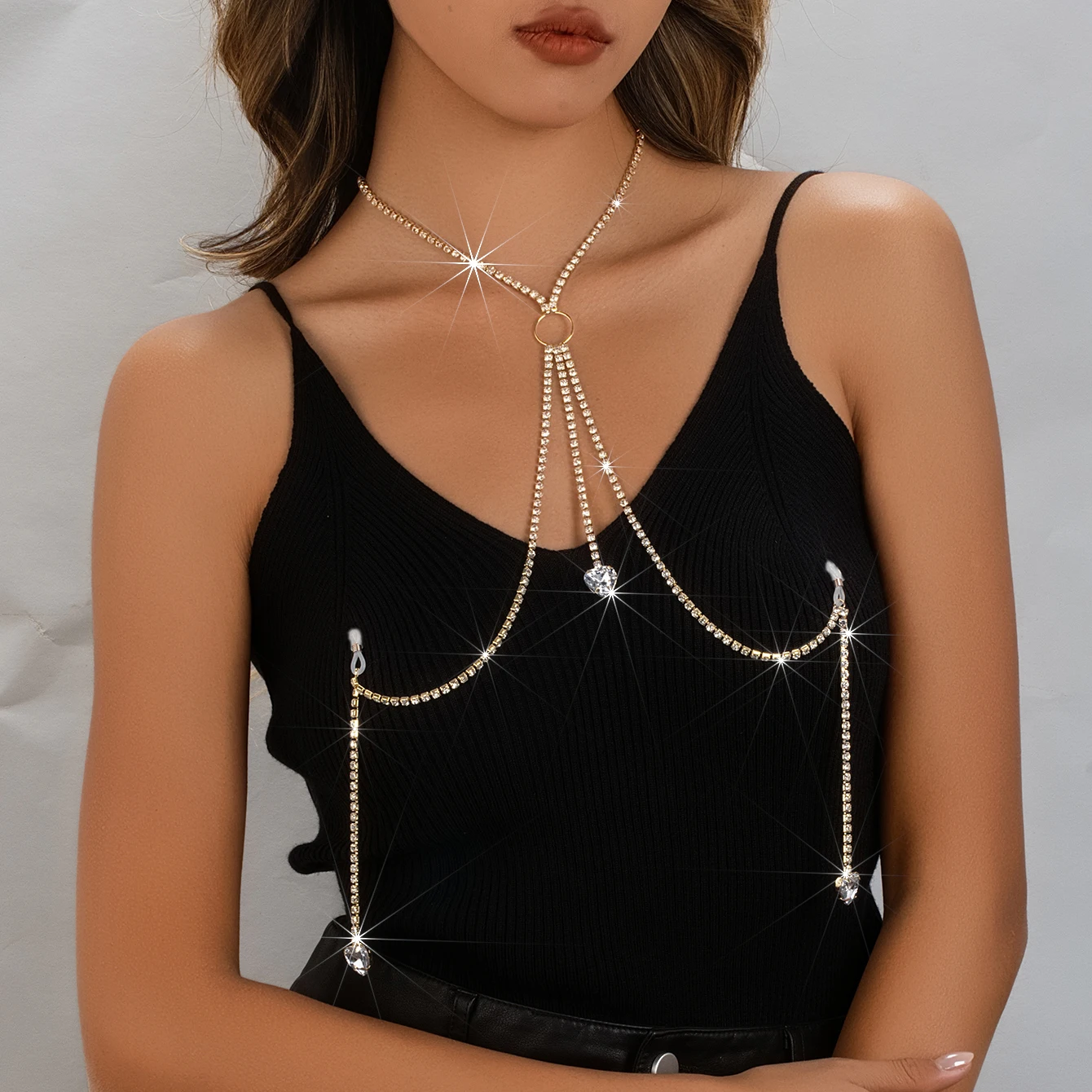 Cadena Corporal Sexy con Forma de M, Cadena para Pezones con Brillantes, Gotas de Agua, Corazón, Cadena Corporal de Lujo para Fiesta, Joyería para Sujetador