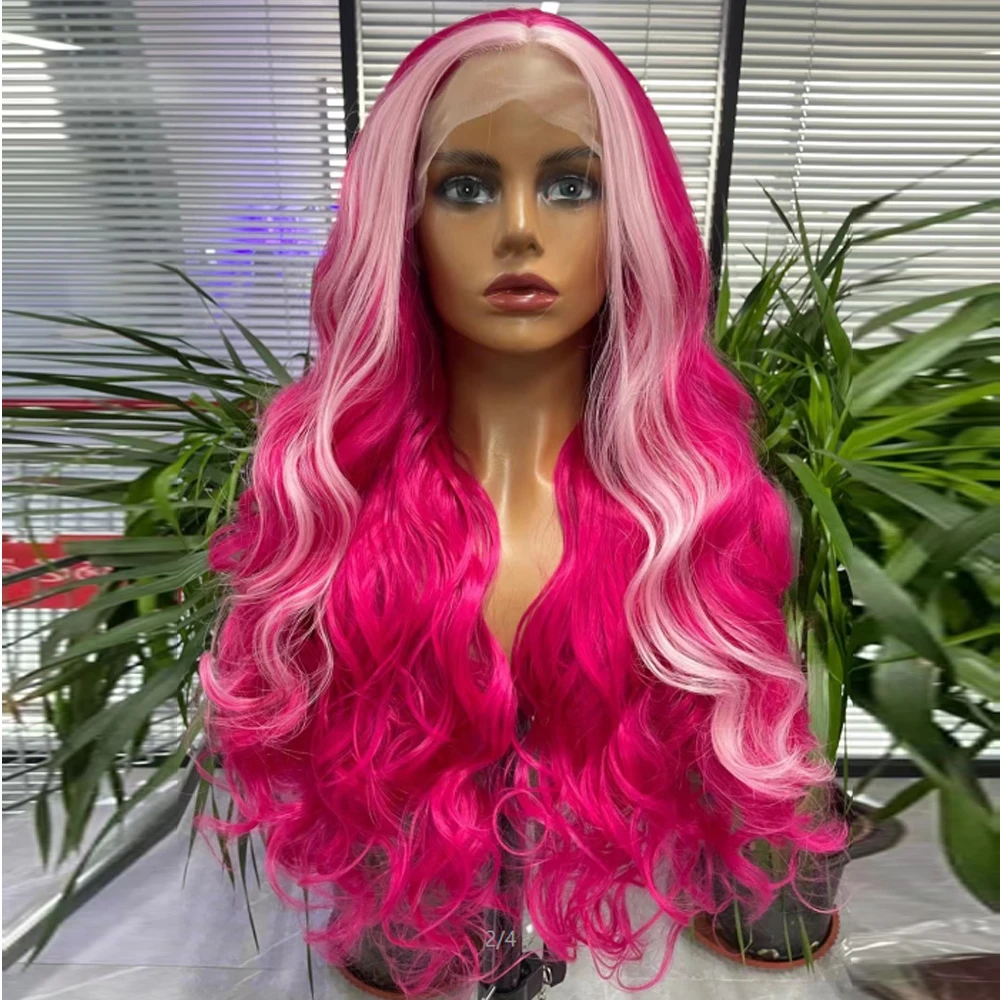 Synthetic Brazilian Wigs For Women Long Wave Lace Front Breakdown Free Rose-Red Color Hair Heat Resistant Fiber Cosplay Daily