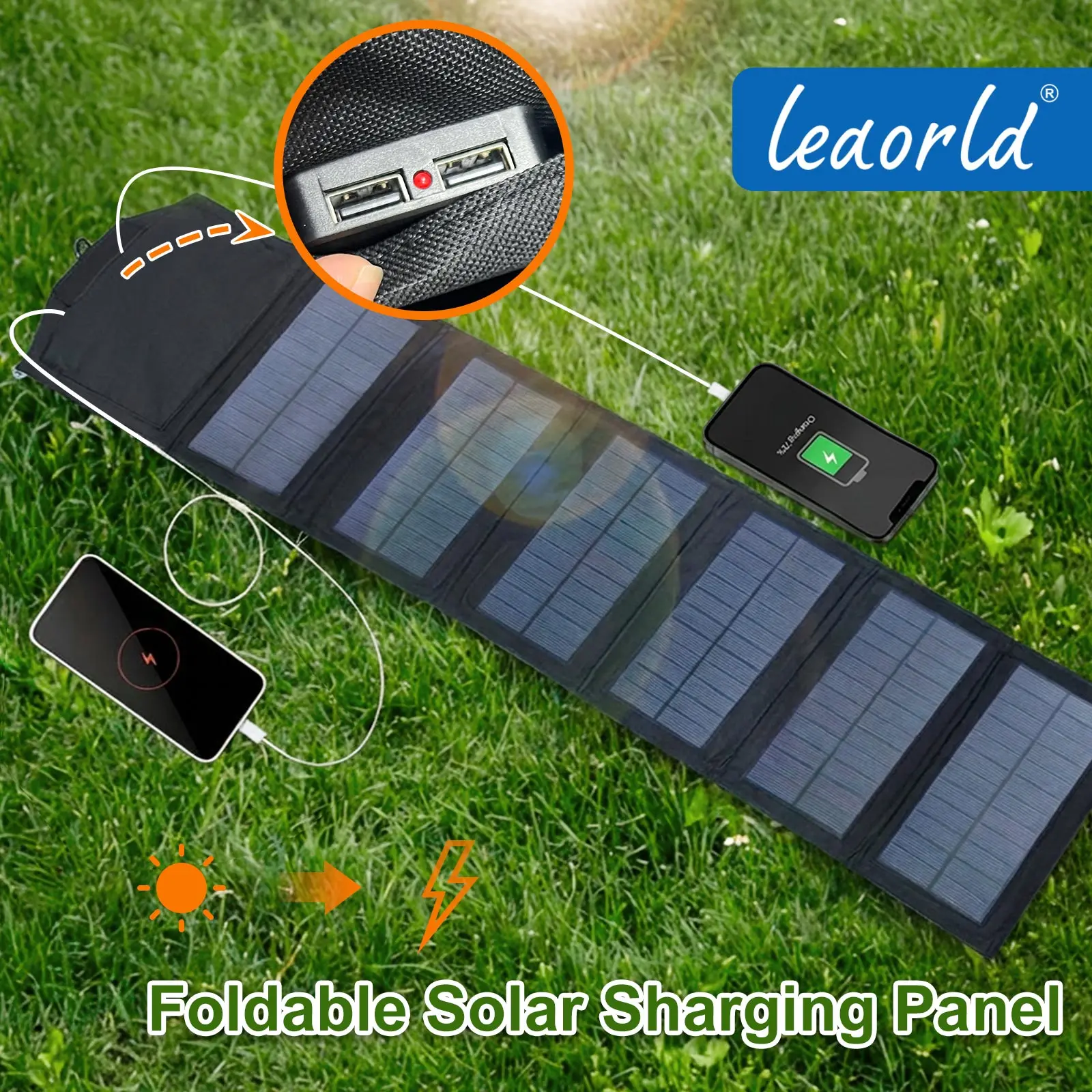 LEAORLD Cargador de Panel Solar de 60W, Panel Solar Plegable de 6 Paneles, Carga Rápida, Cargador Solar USB para Teléfono, Monocristalino de Alta Eficiencia