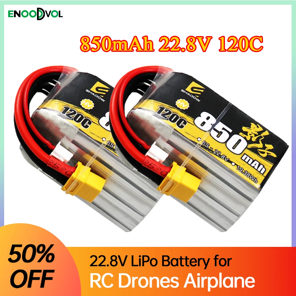 2PCS 850mAh 6S 22.8V 120C LiPo Battery XT60 XT30 Plug for FPV Racing Drone RC Airplane High Discharge Battery Long Flight Time