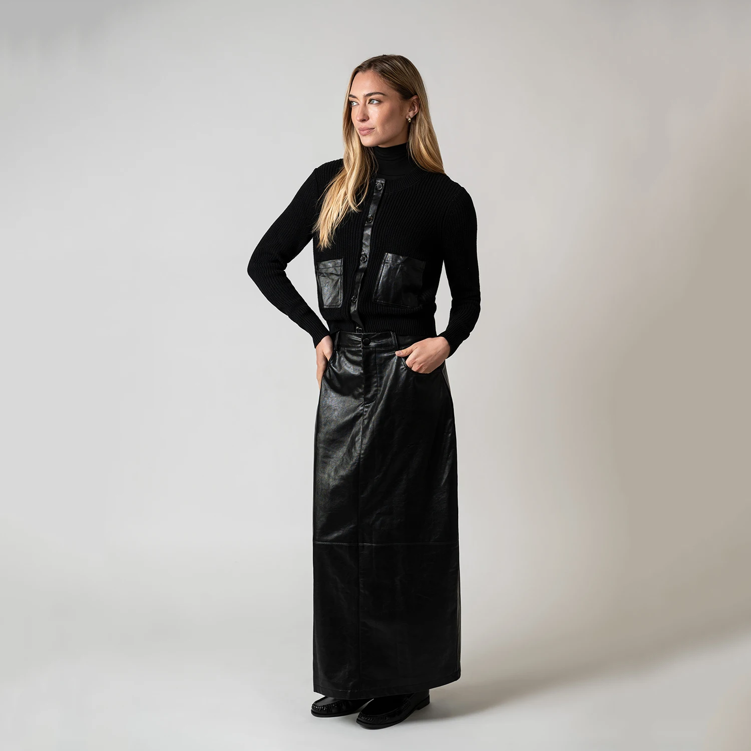 AP AW26 Women Leather Skirt and Leather Patch Cardigan Fashion Style 2 AP AW26 Women Leather Skirt and Leather Patch Cardigan Fashion Style 2