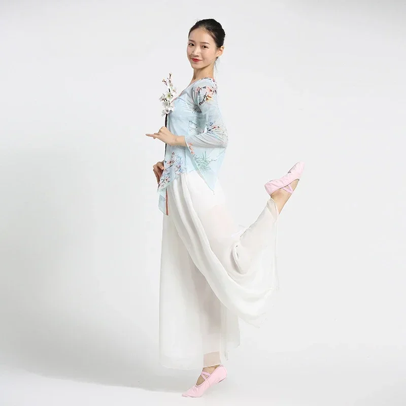 

Women Classical Dance Shirt Chinese Traditional Floral Mesh Top Rhyme Gauze Dancer Practice Pants summer Lightweight clothing