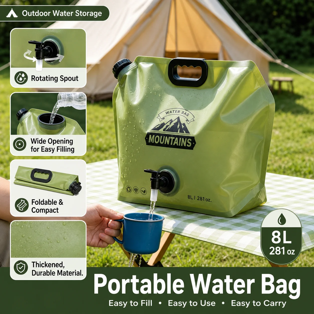 8l Portable Foldable Water Storage Bag Thick Soft Water Container With Tap For Camping Car Travel Outdoor Water Supply