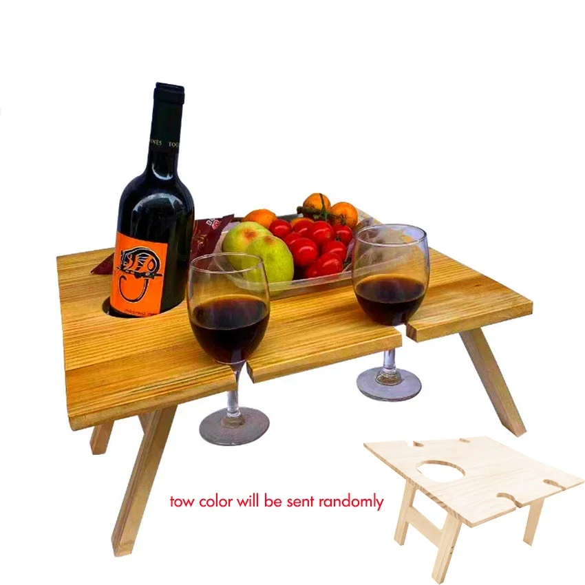 Outdoor Wine Picnic Table, Folding Portable Wood Camping Snack Table with Wine Bottle and Glass Holder, 34x30cm, 30x24cm