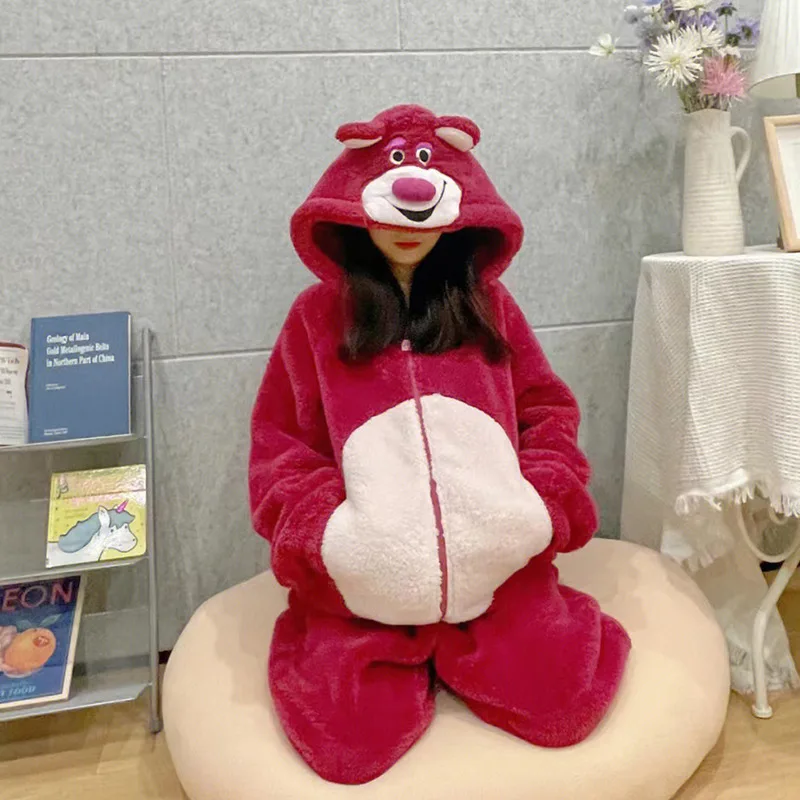 Disney Lotso Plush Thick Cosplay Costume Anime Women Nightgown Winter Warm Clothes Hooded Hoodie Cartoon Cute Girl Onesie Pajama