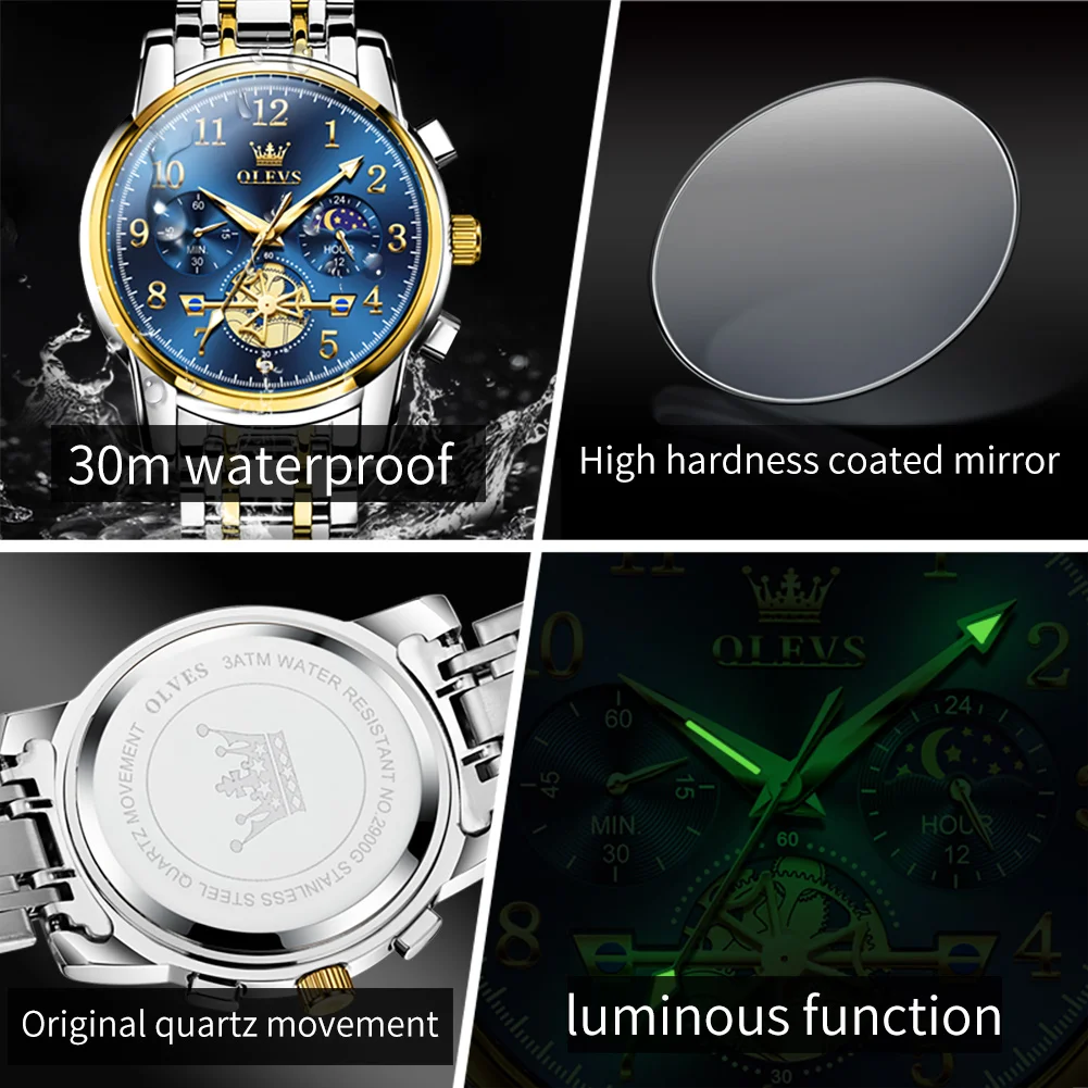 OLEVS Top Brand Moon Phase Watch Men Stainless Steel Waterpoof Luminous Fashion Skeleton Chronograph Quartz Wrist Watch for Men