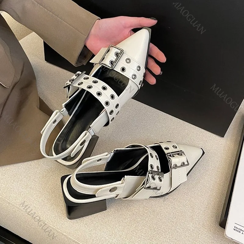 

2026, новые модные женские туфли-лодочки в стиле панк, весна-лето, женские босоножки на каблуке с острым носком и пряжкой на среднем каблуке в стиле ретро