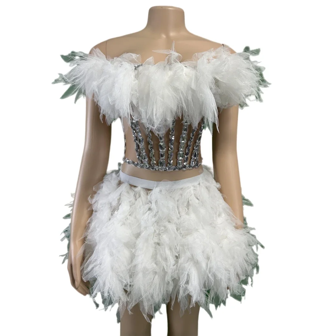 

White Women 2 Pcs Set Dance Costume Ruffle Rhinestone Performance Stage Wear Cheerleading Glitter Outfit
