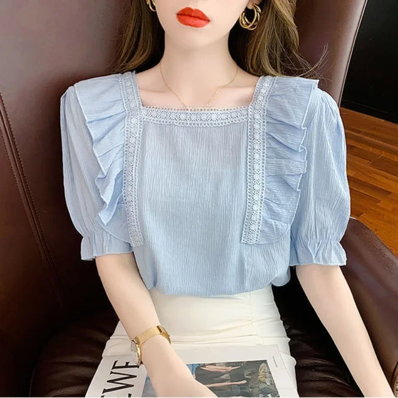 Thin Style Half Sleeve Women's Shirt And Blouse Frill Ruffle High Quality Female Tops Promotion Pretty Summer 2024 Novelties M