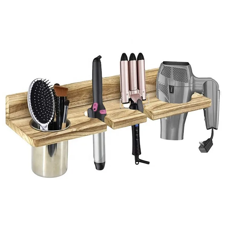 

Деревянный органайзер для инструментов для волос — настенная полка для хранения в ванной комнате для фенов, расчесок и щипцов для завивки волос, держатель из массива дерева