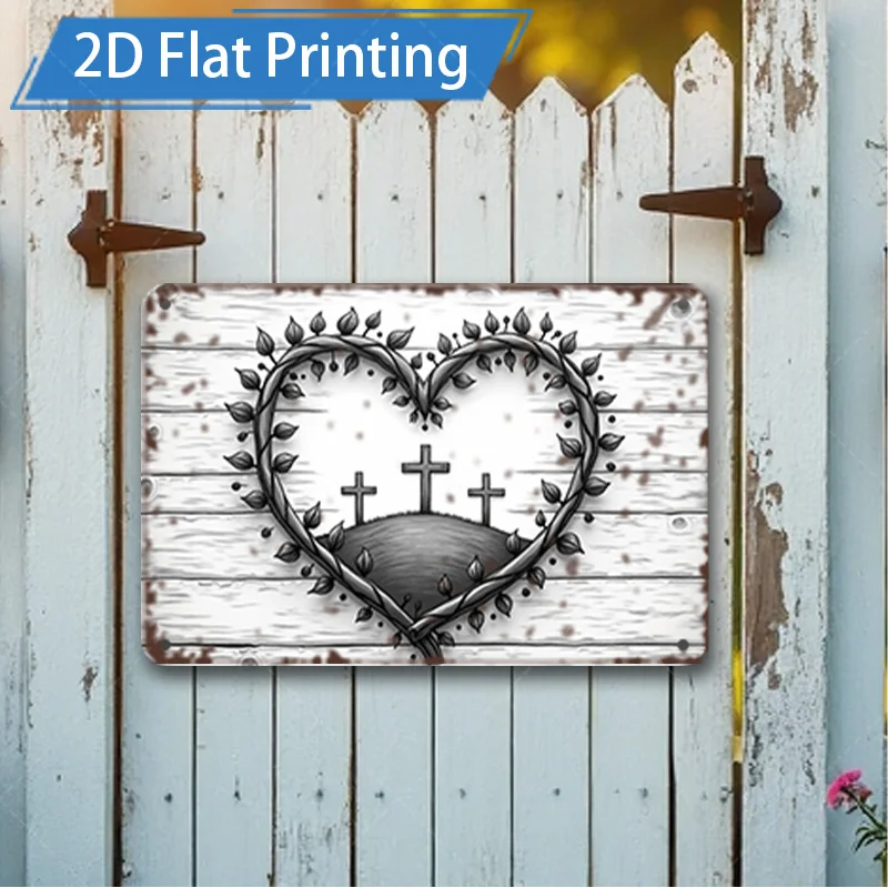 [2D FLAT] 1pc Metal Sign, 8x12inch Rustic Heart Cross Metal Wall Art for Home Garden Decor, 2D Flat Print Vintage Style