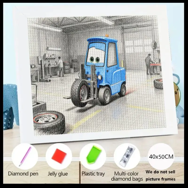 

1PC DIY 5D Full Drill Diamond Painting Kit, Cute Cartoon Blue Forklift Truck in Mechanic Garage Scene, Sparkling Rhinestone Big