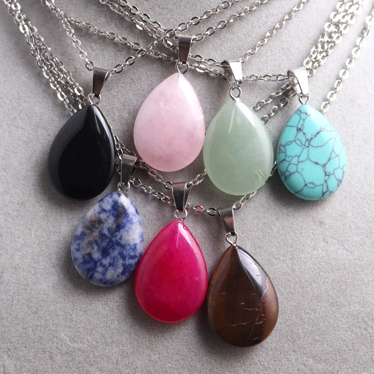 1PCS  Water Drop Natural Stone Pendant Necklace Crystal Aventurine Stainless Steel Chain Charm Healing Jewelry