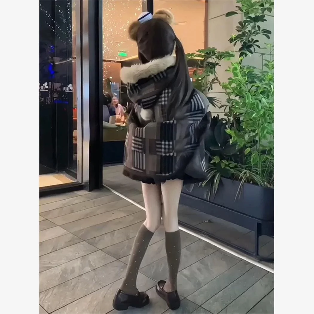 

Женское зимнее пальто с капюшоном в клетку Y2K в стиле ретро, маленький размер, субкультура, капюшон Ne Long Sve Softie, топ, осенняя мода