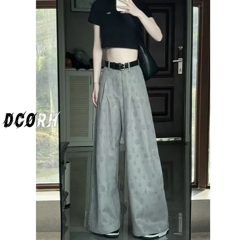 

Ladies' New Pants With High Sense Niche Design Jacquard Gray Suit Casual Pants With Loose Drape Wide Legs Leisure Zipper Pants