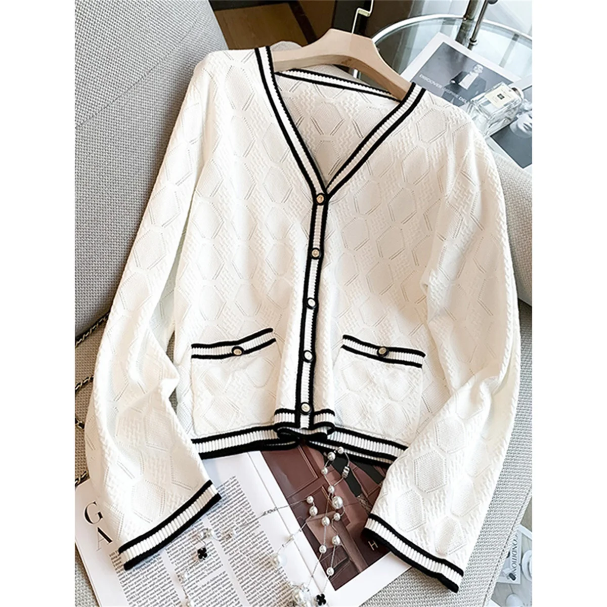 

Women's Casual V-neck Knitted Cardigan Jacket Autumn Fashion Color Collision Hollow out Sweater Outwear