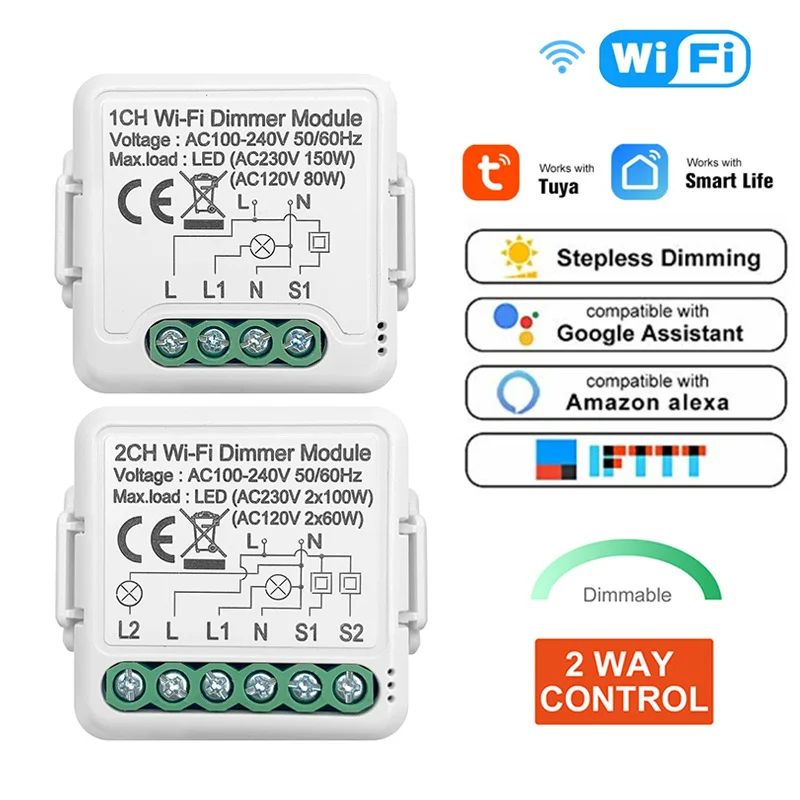 Tuya WiFi Smart Dimmer Switch Module 2 Way Control LED Light Dimmable Switch 1 2 Gang Breaker Compatible with Alexa Google Home