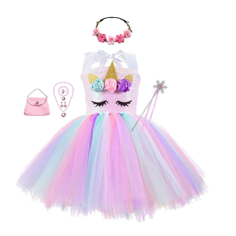 Princess Girls Unicorn Tutu Dress Outfits Pastel Flower Baby Girl Birthday Party Dresses Tulle Kids Halloween Cosplay Costumes