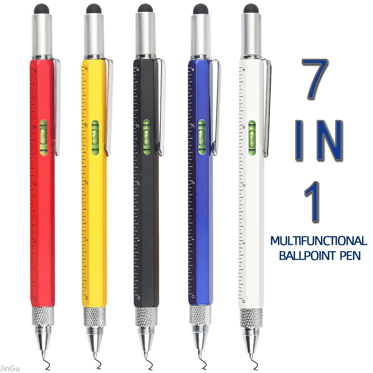 Jingu-ハンドヘルドメジャー、技術定規、ドライバー、タッチスクリーンスタイラス、水準器ツールを備えた多機能ボールペン