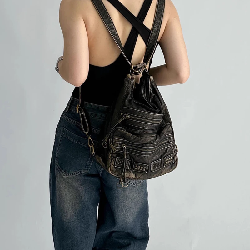 vintage Motorcycle Bag for women retro shoulder crossbody bags Multiple pockets hobos tote bag looks old female purses 2024