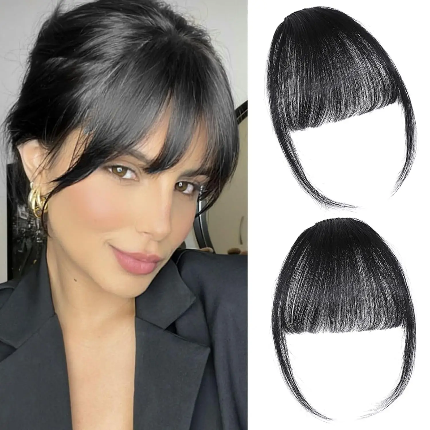 Synthetic Clip in Bangs Extensions Natural Black Clip on Bangs for Women Fringe with Temples Hairpieces Bangs for Daily Wear