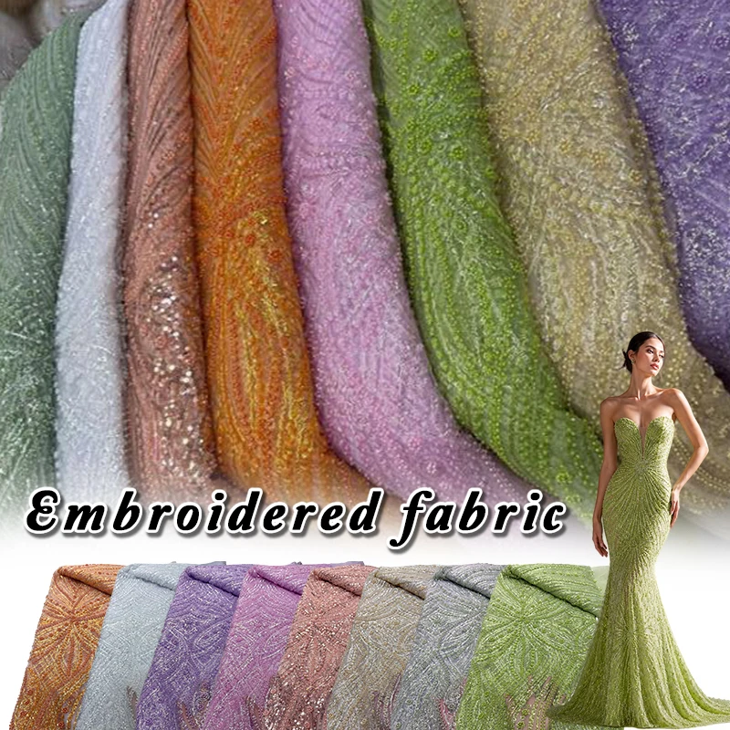 

1 Yards Luxury Beads Tulle Embroidery Mesh Bridal Sequins Lace Fabric High End French Nigerian Bride Wedding Dress Fabric