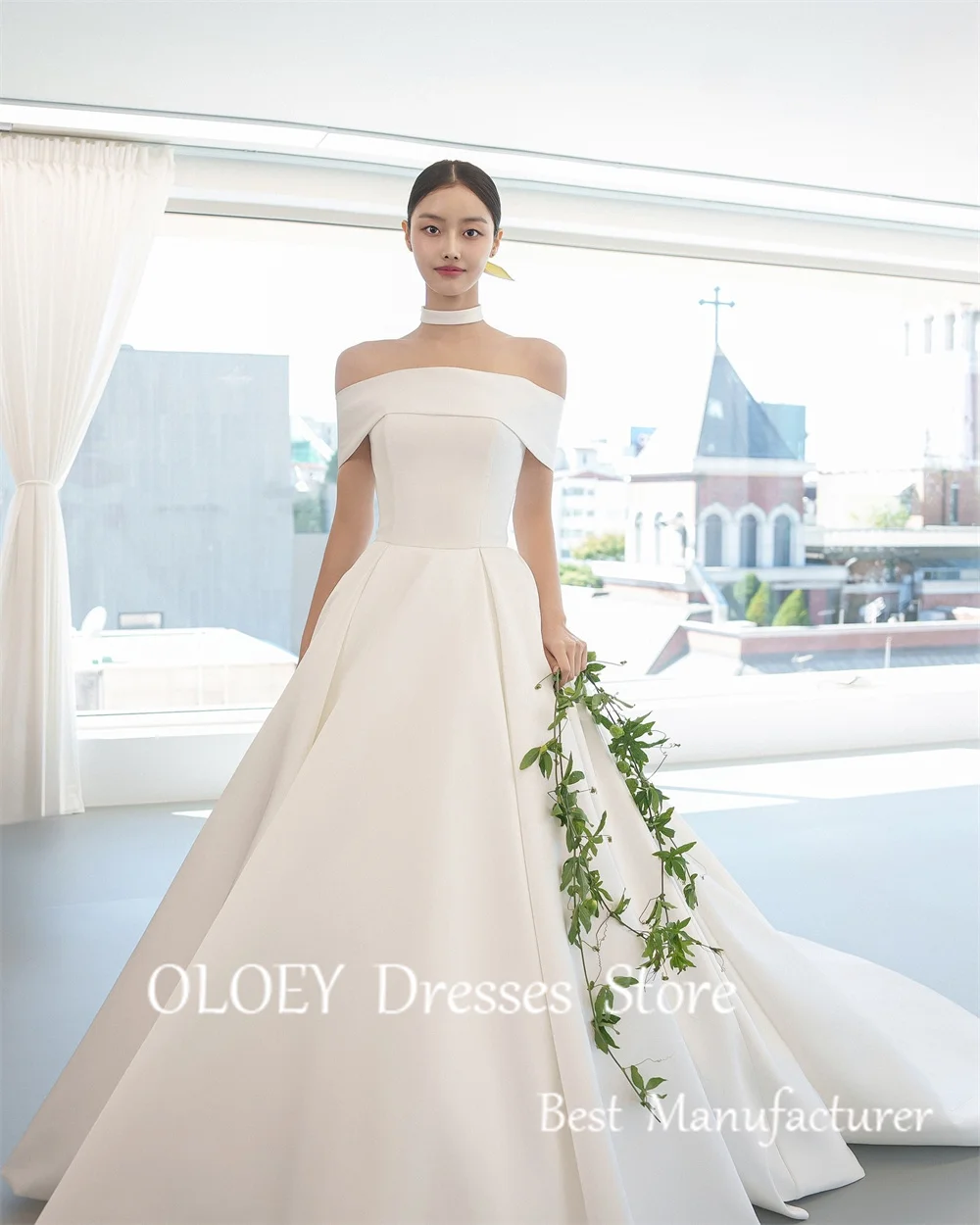 OLOEY-vestido de novia elegante de línea A de marfil con bufanda, sesión de fotos coreano para vestido de novia, hombros descubiertos, plisado hasta el suelo, hecho A medida