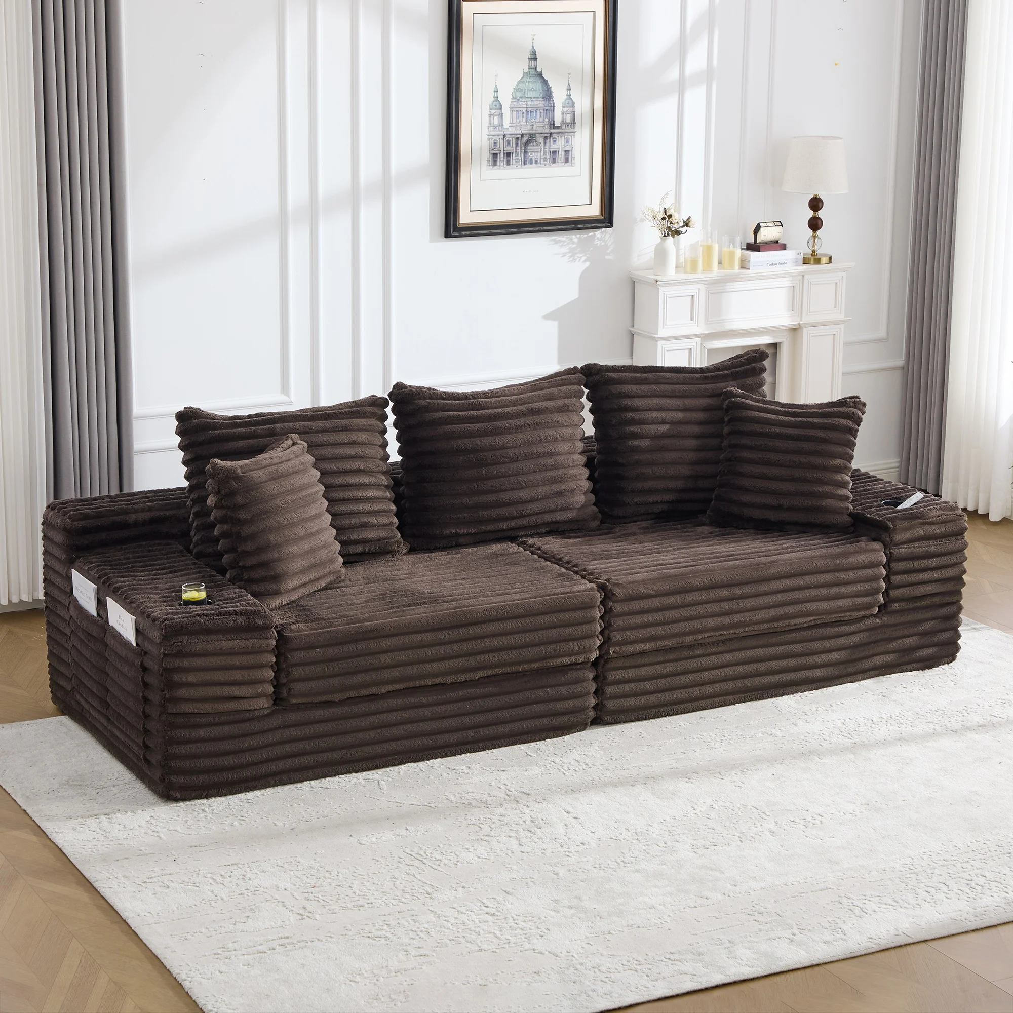 LVHOM 4-Sitzer Cordsofa mit Chaiselongue, Kissenrücken, Eckigen Armlehnen, Getränkehaltern & Seitentaschen für Wohnzimmer – Detail 6