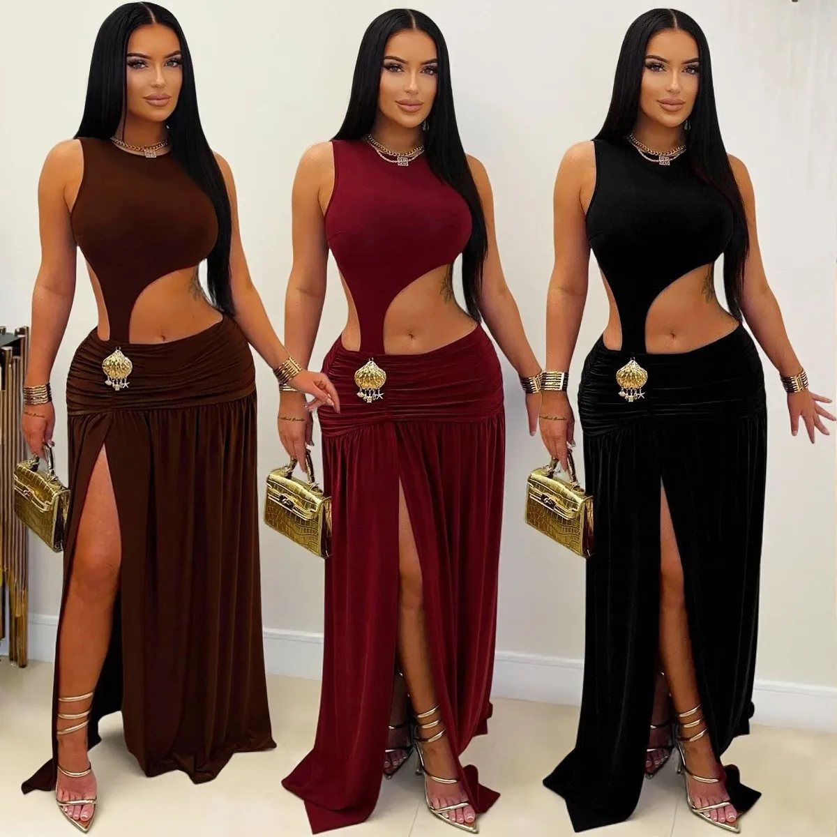 

Sexy Hollow Out Long Dress Evening Club Wear Dresses 2025 Women Clothes Luxury Bodycon Party Maxi Slit Dress