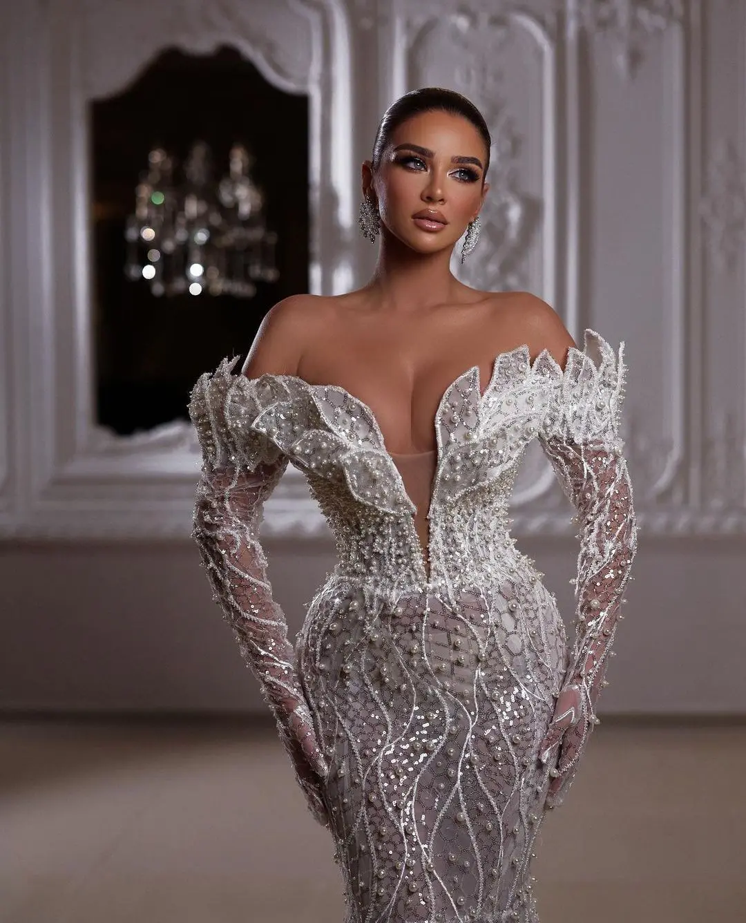 New Custom Gorgeous Evening Dresses Mermaid Sweetheart Off-Shoulder Long Sleeve Floor-Length Sweep Train Beaded Crystal Lace