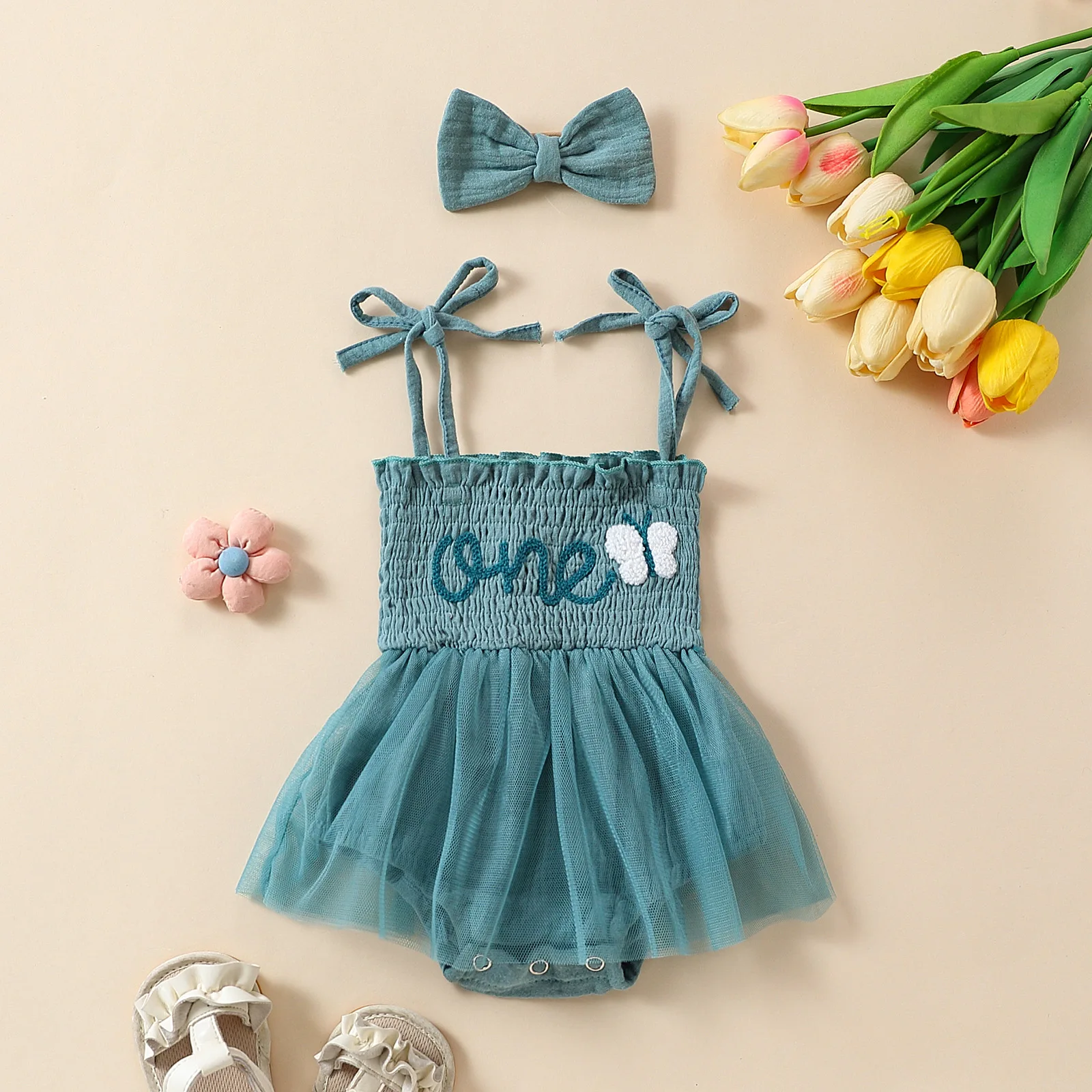 Baby Girl Cute Towel Embroidery Suspender Mesh Dress + Bow Headband Set of 2 #E2303A