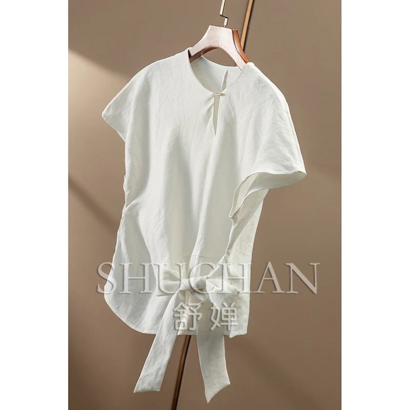 linen wears elegance, cabinet ingenuity diagonal cut waist bag shoulder short-sleeved shirt women 92A4