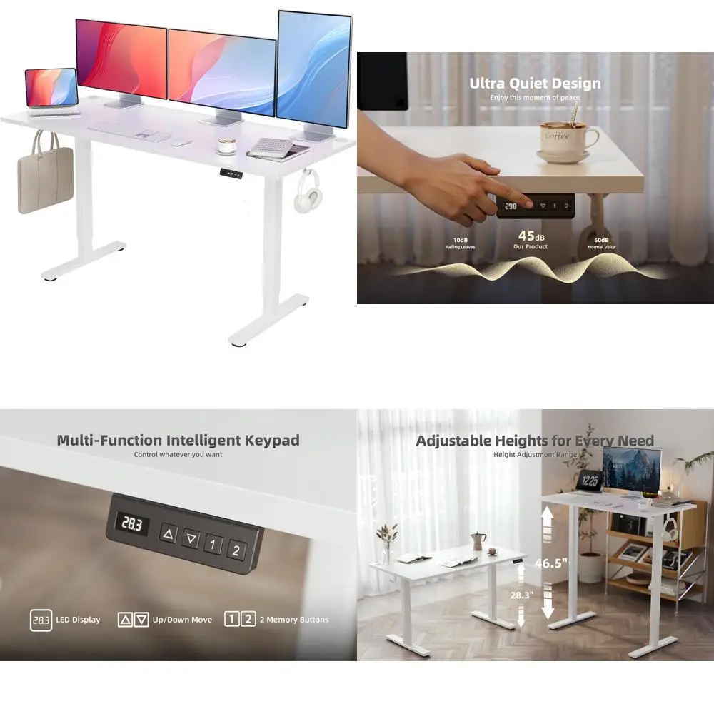 Electric Adjustable Height Desk, 63x24 Inch Standing Desk for Home Office & Computer Workstation, White