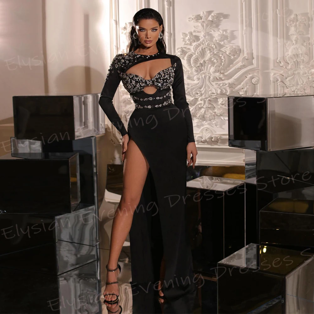 Modest Black Women\'s Mermaid Beautiful Evening Dresses Simple O Neck Long Sleeve Prom Gowns Side Split Beaded Vestido De Noche