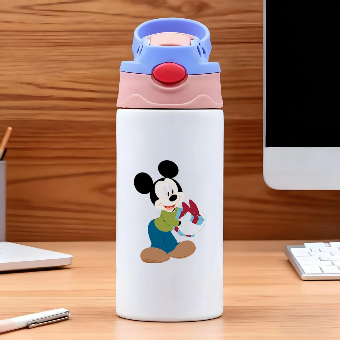 

Disney vacuum cup with Goofy cartoon character green shirt blue pants brown shoes white gloves holding a gift