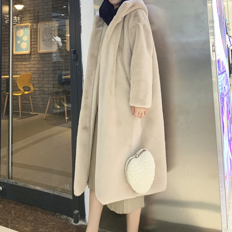 

Women Hooded Long Coat Faux Fur Coats Maxi Autumn Splice Full Sleeve Thick Warm Outerwear Winter Loose Casual Straight Jackets