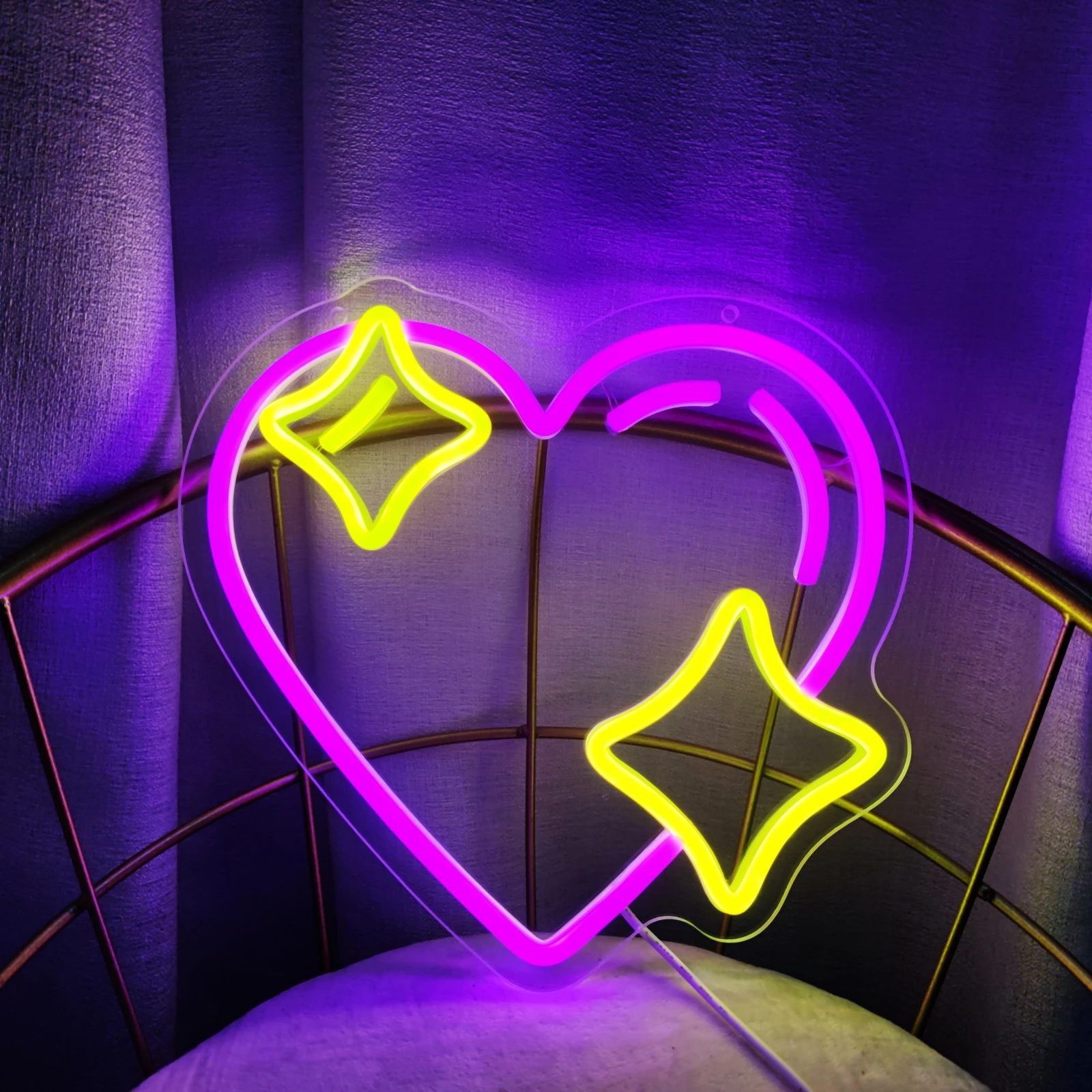 Liefde en sterren neon LED-lichtteken, paars liefdesbord, kapperssalon, kunst aan de muur, zakelijk winkellogo, indoor neonlicht