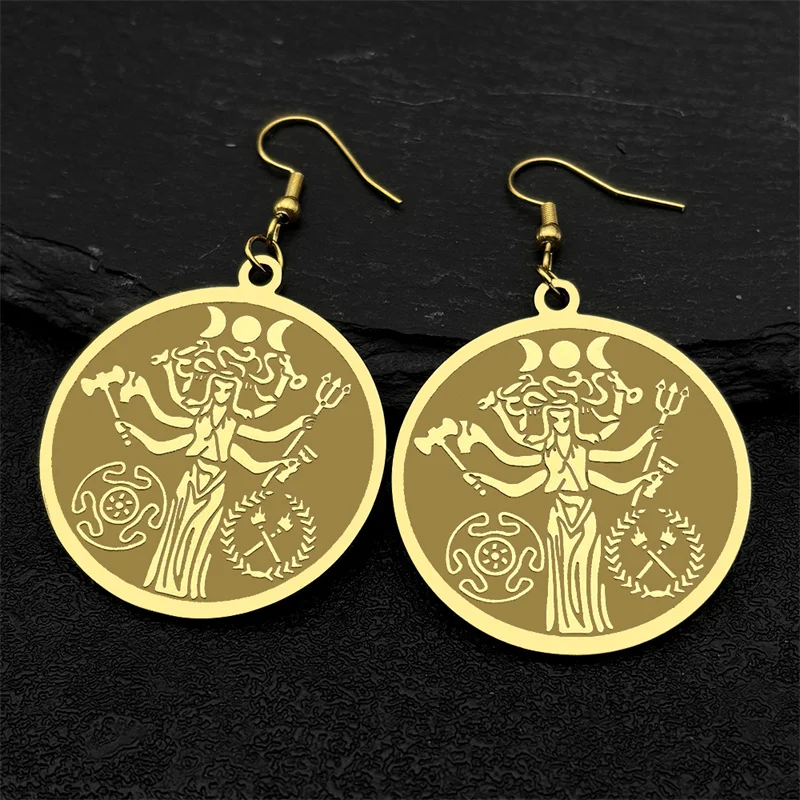 Wicca Triple Moon Goddness Hekate Wheel Torch Dangle Earrings For Women Men Stainless Steel Gold Color Snake Trident Jewelry