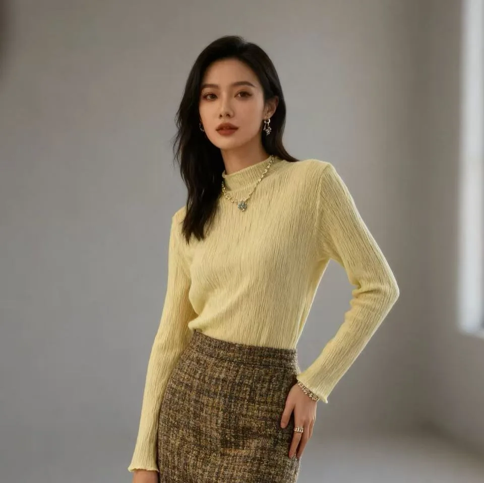 Women's pleated base layer top, can be worn as an inner or outer layer, long-sleeved t-shirt, slim fit top