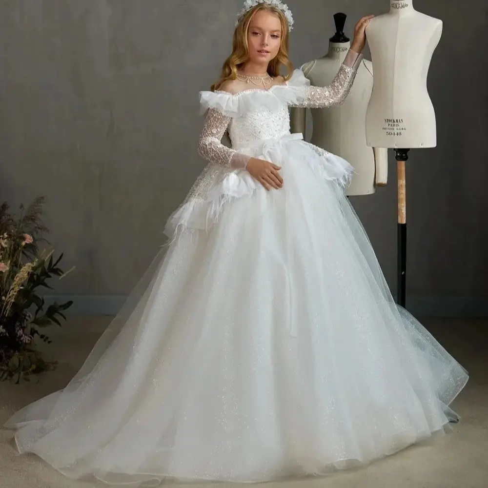 

Белые платья с длинными рукавами для девочек-цветочниц на свадьбу, длинные платья с блестками для девочек на день рождения, платья для первого причастия по индивидуальному заказу